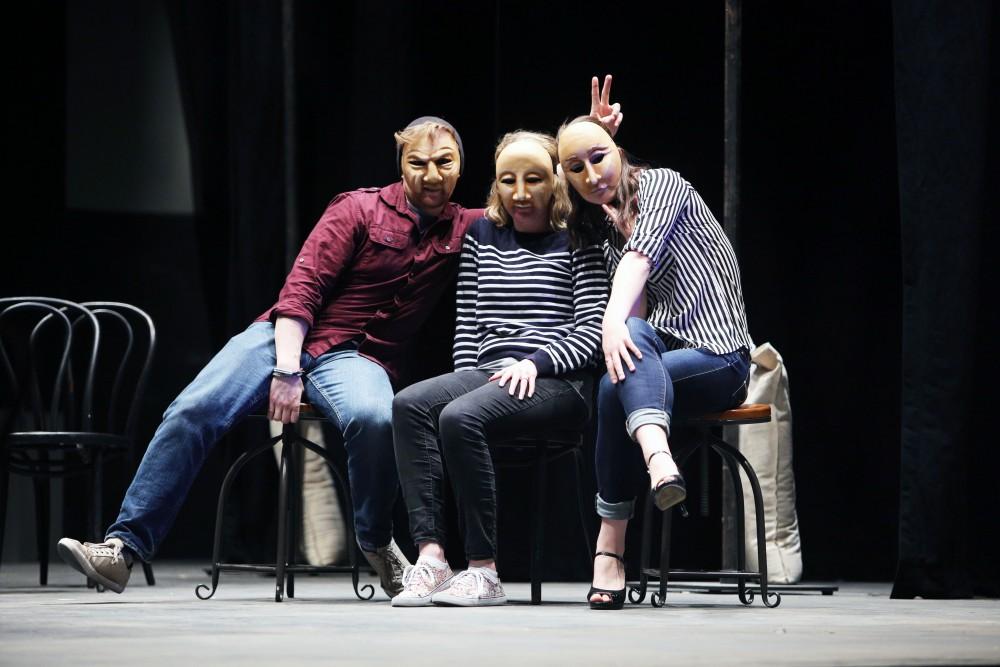 GVL / Emily Frye 
Seth Burton, Amy Gascon, and Charlie Wilburn, from the upcoming play "Six Characters Theater Performance", take a moment for a photo on Thursday Mar. 24, 2016. 