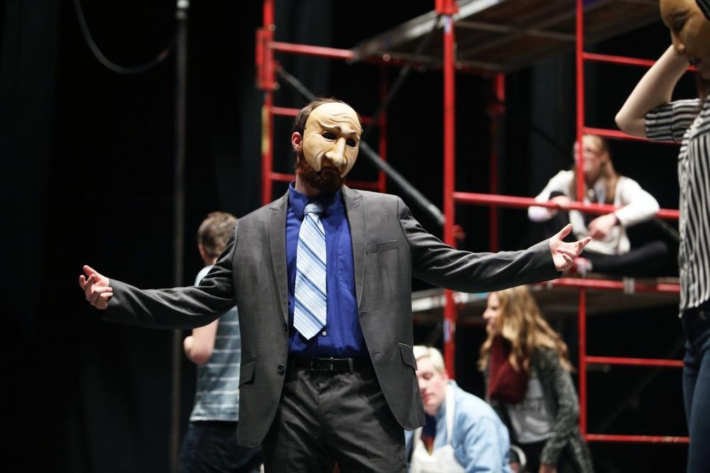 GVL / Emily Frye 
Justin Mackey, along with his fellow cast mates, rehearse a scene from the upcoming play "Six Characters Theater Performance" on Thursday Mar. 24, 2016. 