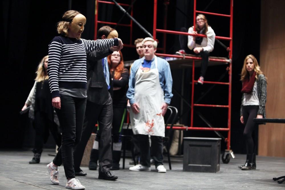 GVL / Emily Frye 
Amy Gascon, from the upcoming play "Six Characters Theater Performance", makes her entrance on stage on Thursday Mar. 24, 2016. 