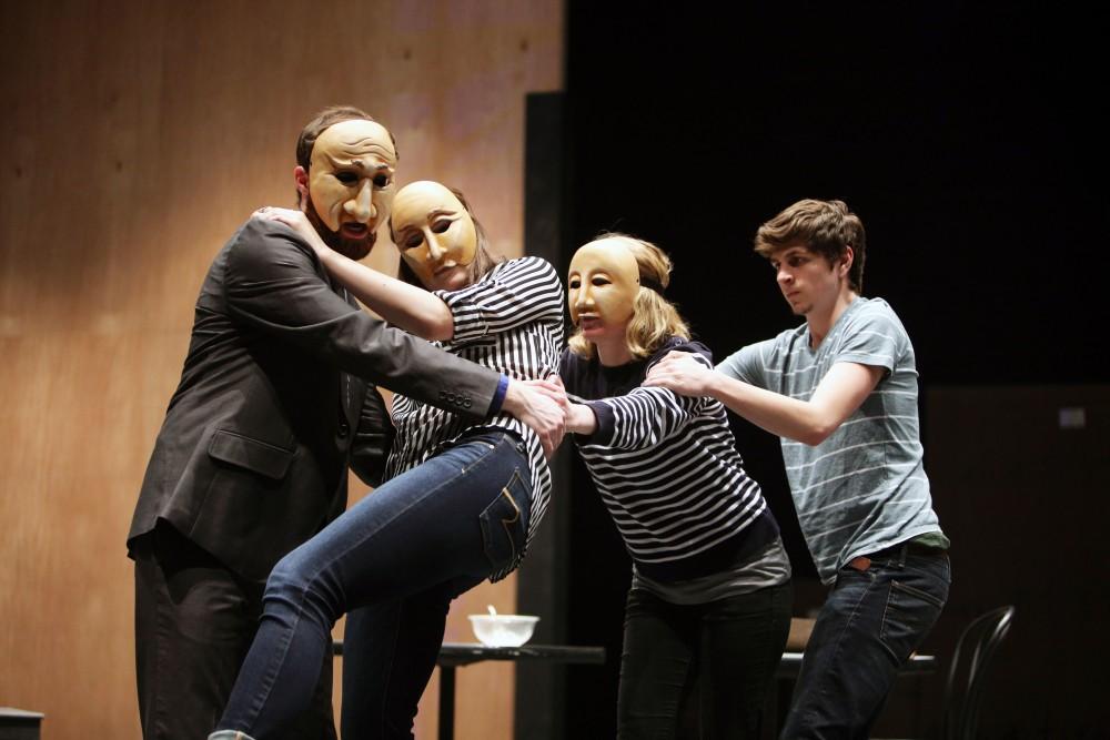 GVL / Emily Frye 
(From left to right) Justin Mackey, Charlie Wilburn, Amy Gascon, and Jacob Molli, from the upcoming play "Six Characters Theater Performance", rehearse a scene on Thursday Mar. 24, 2016. 