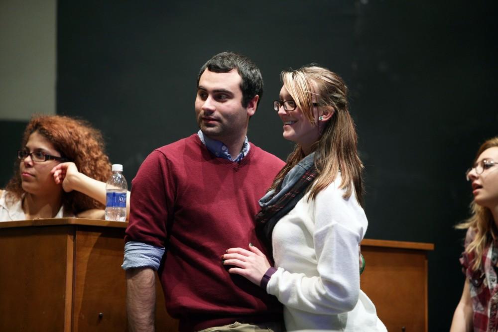 GVL / Emily Frye 
Drew McWilliams and Shannon Mazey, from the upcoming play "Six Characters Theater Performance", rehearse a scene on Thursday Mar. 24, 2016. 