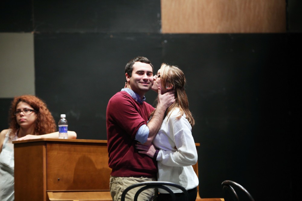 GVL / Emily Frye 
Drew McWilliams and Shannon Mazey, from the upcoming play "Six Characters Theater Performance", rehearse a scene on Thursday Mar. 24, 2016. 