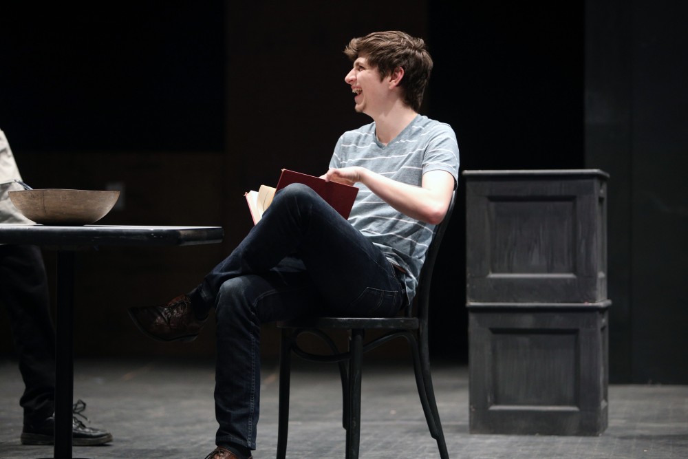 GVL / Emily Frye 
Jacob Molli, from the upcoming play "Six Characters Theater Performance", rehearse a scene on Thursday Mar. 24, 2016. 