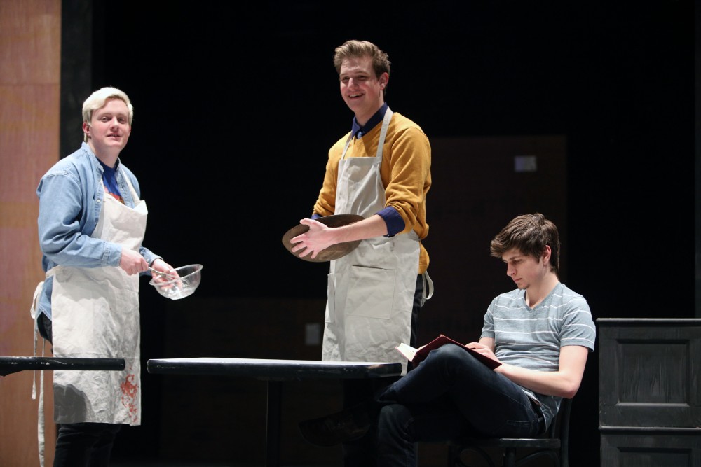 GVL / Emily Frye 
(From left to right) Liam Purtle, David VanAlstyne and Jacob Molli, from the upcoming play "Six Characters Theater Performance", rehearse a scene on Thursday Mar. 24, 2016. 