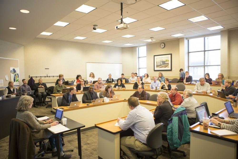 GVL / Sara Carte - Grand Valley faculty come together for the UAS meeting in the DeVos Campus on Friday, Mar. 25, 2016.