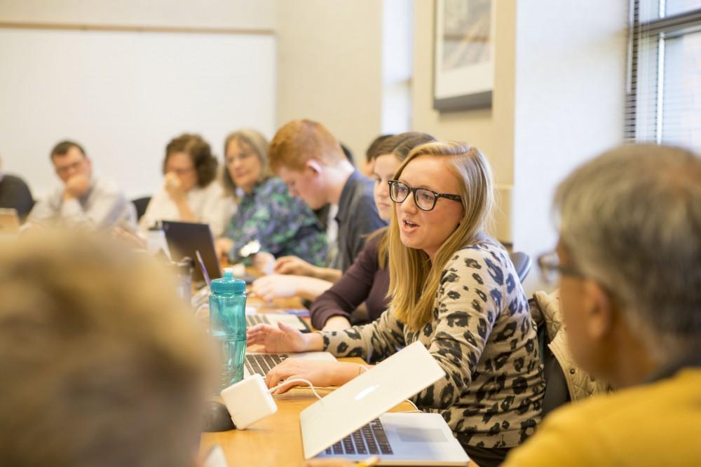 GVL / Sara Carte - Grand Valley Student Senate President, Maddie Cleghorn, speaks at the UAS meeting in the DeVos Campus on Friday, Mar. 25, 2016.