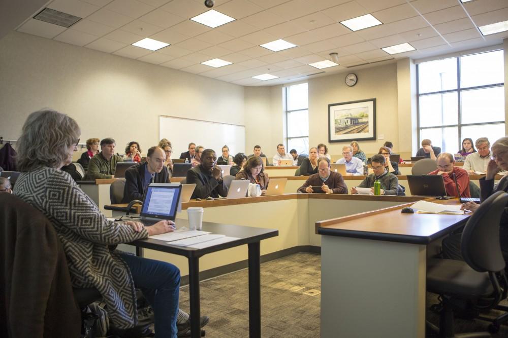 GVL / Sara Carte - Grand Valley faculty come together for the UAS meeting in the DeVos Campus on Friday, Mar. 25, 2016.