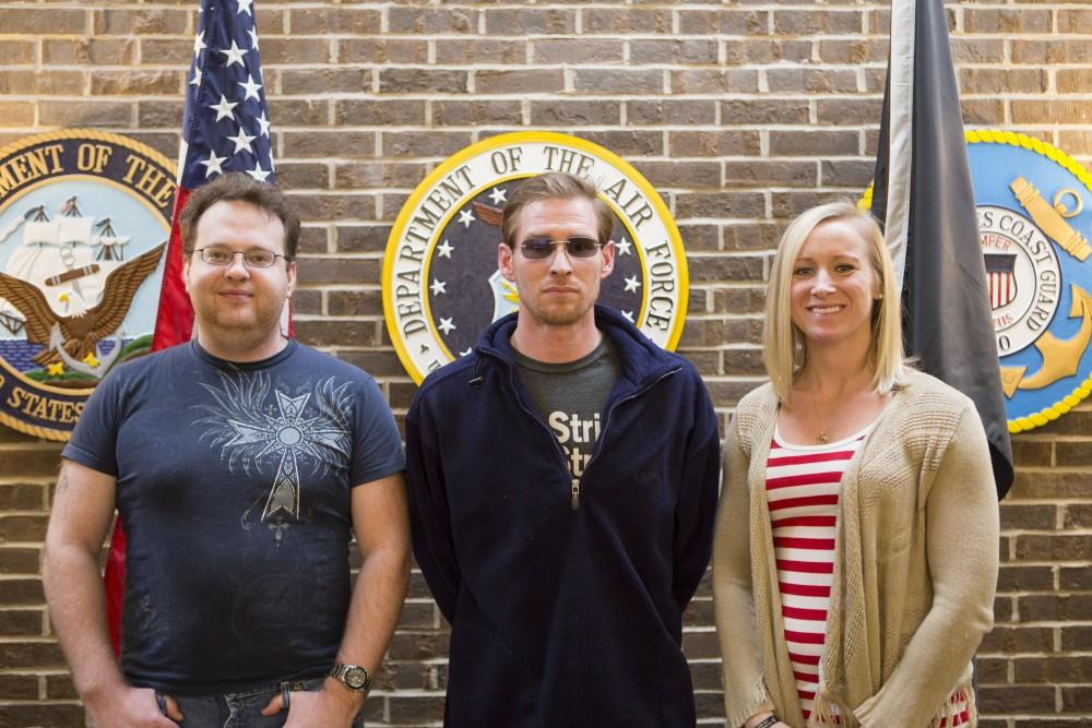 GVL / Sara Carte - Student Veterans Orgainzation members, (left to right) Bryan Wood, Matthew Oudbier, and Kayla Clarke meet in the Veterans Lounge in the Kirkhof Center on Monday, Mar. 14, 2016.