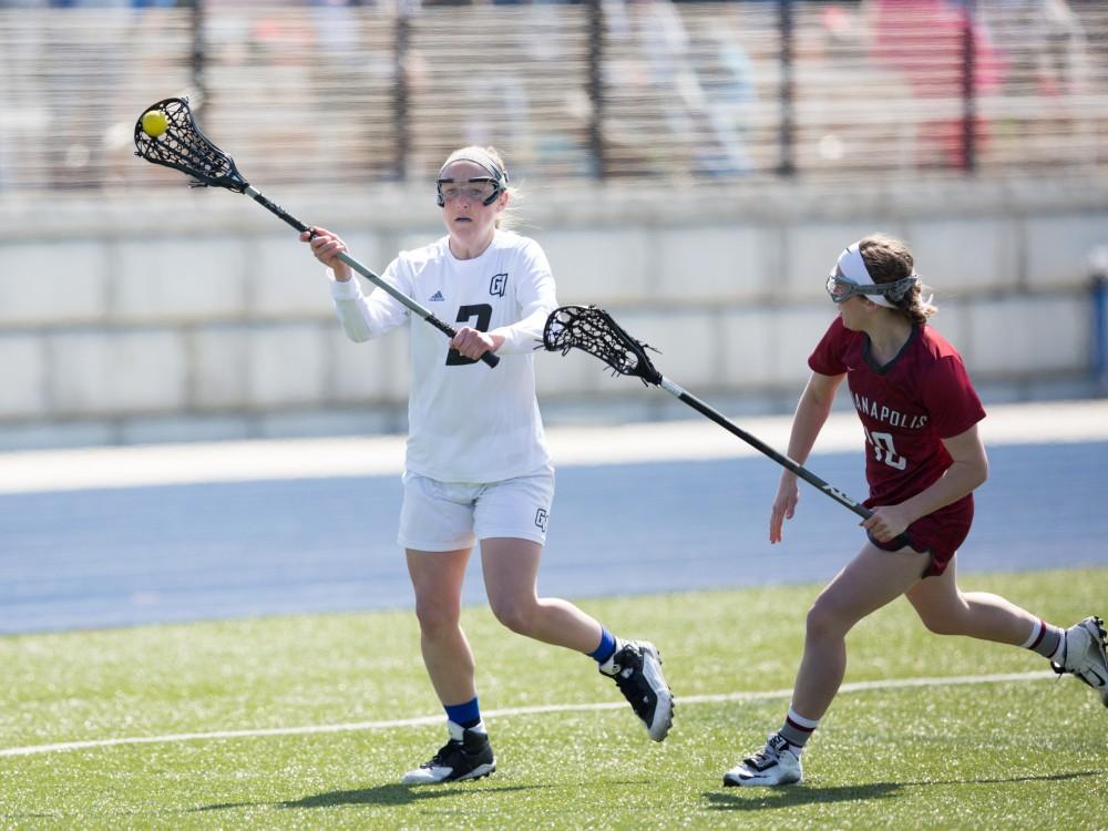 GVL / Kevin Sielaff – Erika Neumen (3) throws a pass up-field. The Lakers defeat the Greyhounds of the University of Indianapolis Saturday, March 26, 2016 with a final score of 15-4.