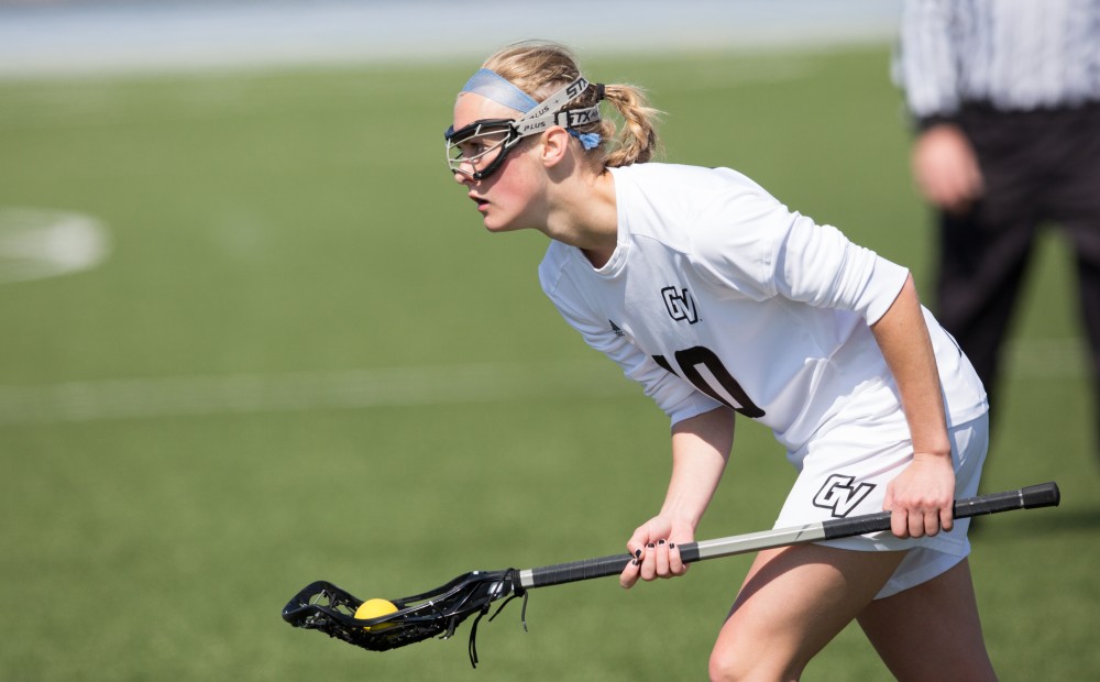 GVL / Kevin Sielaff – Chelsey Bishop (10) lines up and prepares to make a run at Indianapolis' net. The Lakers defeat the Greyhounds of the University of Indianapolis Saturday, March 26, 2016 with a final score of 15-4.