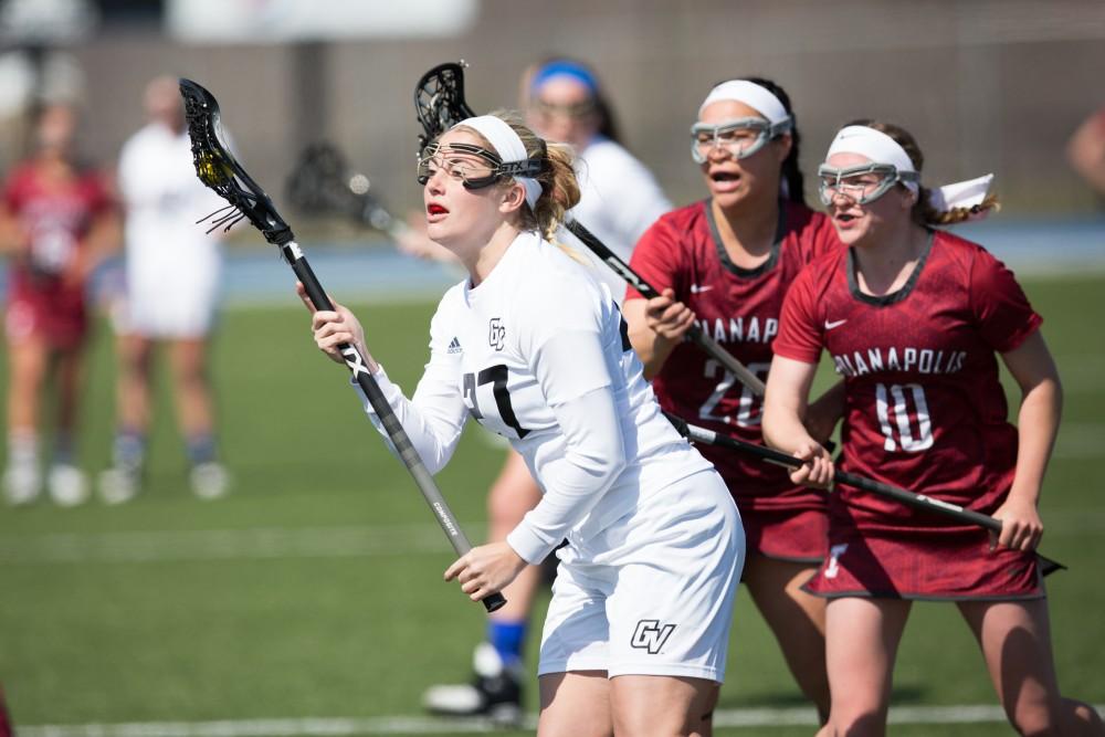 GVL / Kevin Sielaff – Danielle Tunnell (27) holds the ball in the offensive zone. The Lakers defeat the Greyhounds of the University of Indianapolis Saturday, March 26, 2016 with a final score of 15-4.