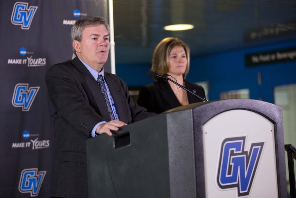 GVL / Kevin Sielaff – Keri Becker is named the sixth Grand Valley State Director of Athletics on Thursday, April 7, 2016 inside of the Fieldhouse Arena.