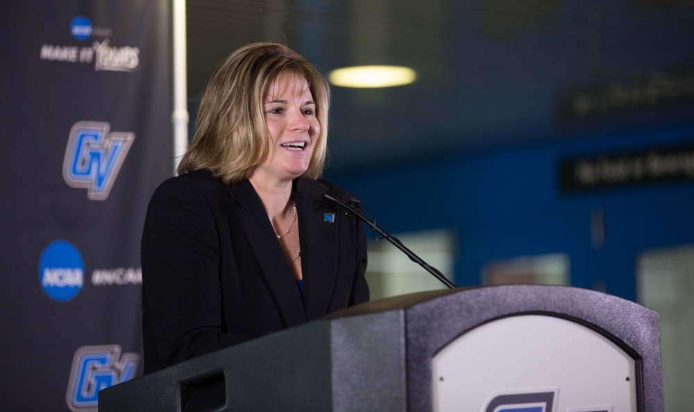 GVL / Kevin Sielaff – Keri Becker is named the sixth Grand Valley State Director of Athletics on Thursday, April 7, 2016 inside of the Fieldhouse Arena.