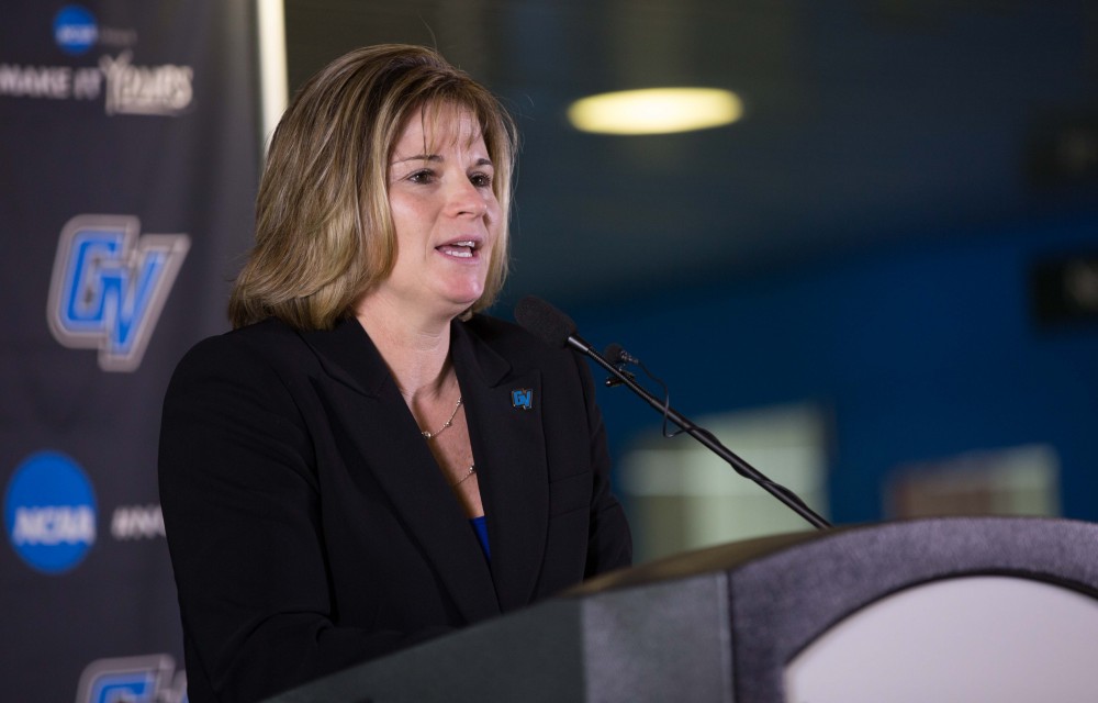 GVL / Kevin Sielaff – Keri Becker is named the sixth Grand Valley State Director of Athletics on Thursday, April 7, 2016 inside of the Fieldhouse Arena.