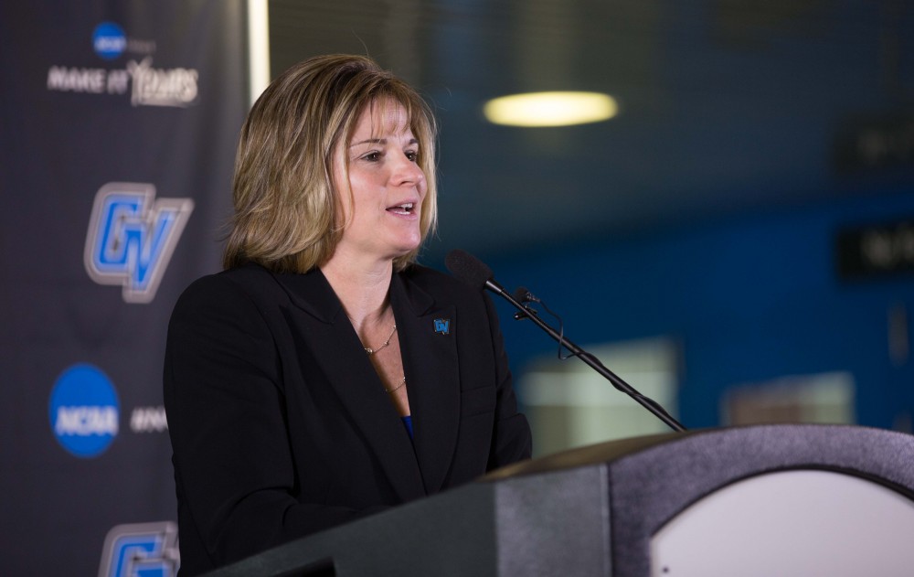 GVL / Kevin Sielaff – Keri Becker is named the sixth Grand Valley State Director of Athletics on Thursday, April 7, 2016 inside of the Fieldhouse Arena.