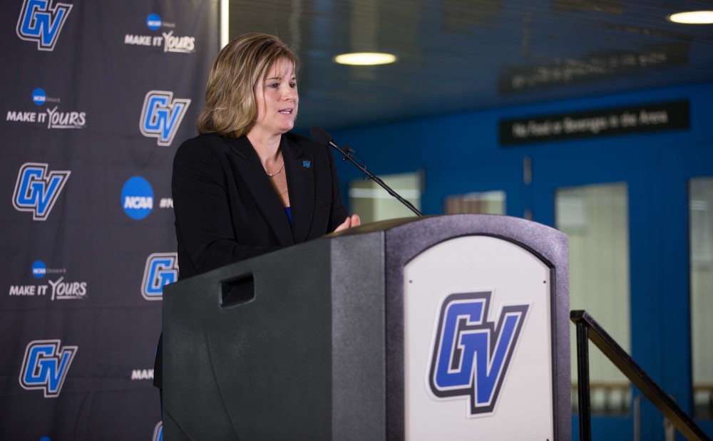 GVL / Kevin Sielaff – Keri Becker is named the sixth Grand Valley State Director of Athletics on Thursday, April 7, 2016 inside of the Fieldhouse Arena.