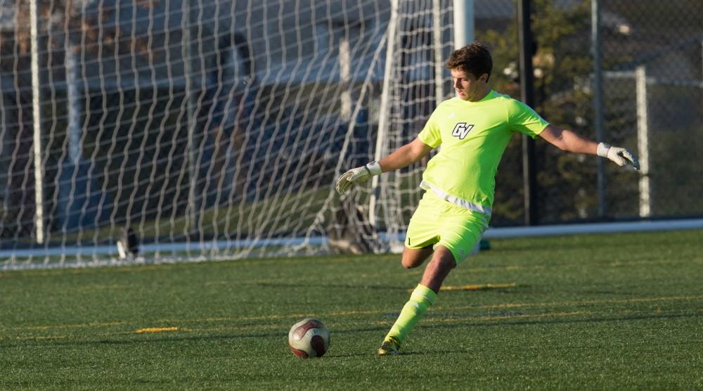 GVL / Kevin Sielaff - Goalkeeper Alex Pastor (1) sends the ball upfield. Grand Valley's men's club soccer team falls to GRFC with a final score of 2-0 on Friday, April 15, 2016.