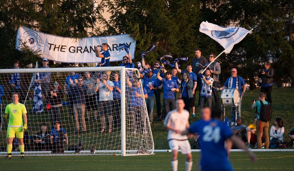 GVL / Kevin Sielaff - Grand Valley's men's club soccer team falls to GRFC with a final score of 2-0 on Friday, April 15, 2016.