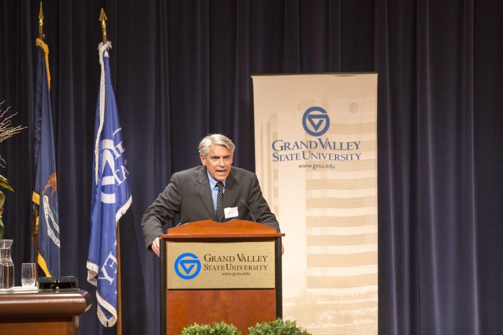 GVL / Sara Carte - Fred Stella speaks at the Kaufman Interfaith Institute: Sigal Lecture in the Pew Loosemore Auditorium on Wednesday, Mar. 30, 2016.