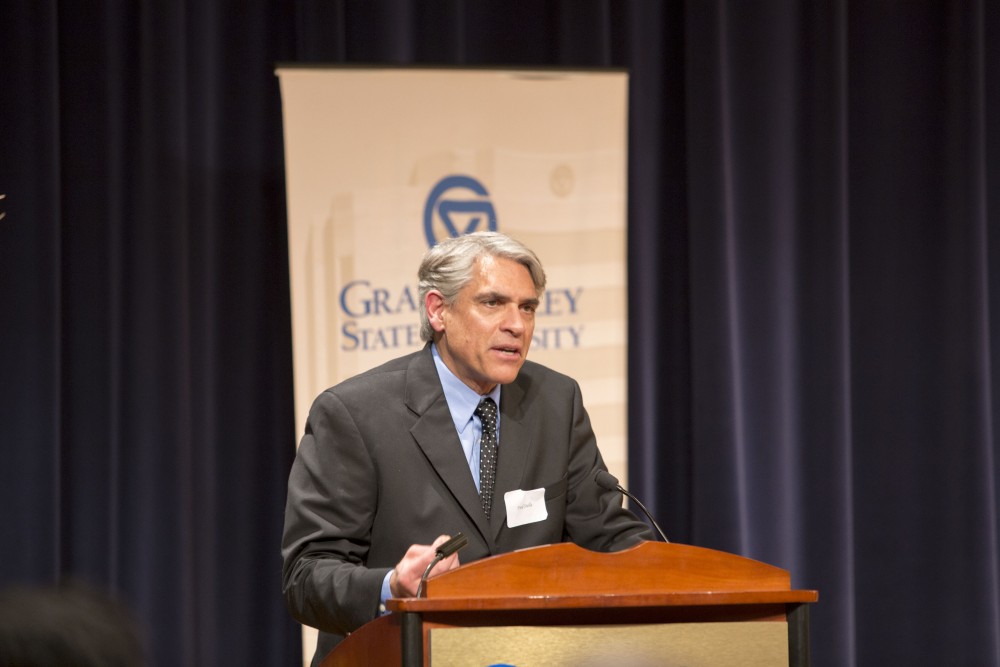 GVL / Sara Carte - Fred Stella speaks at the Kaufman Interfaith Institute: Sigal Lecture in the Pew Loosemore Auditorium on Wednesday, Mar. 30, 2016.