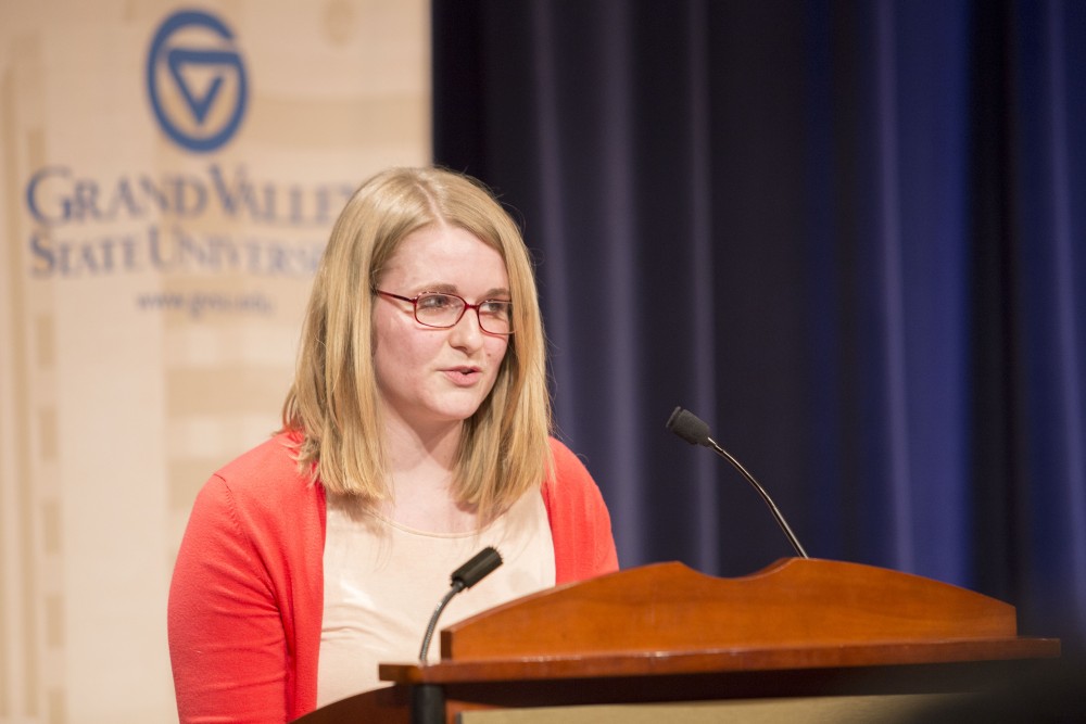 GVL / Sara Carte - Katie Gordon speaks at the Kaufman Interfaith Institute: Sigal Lecture in the Pew Loosemore Auditorium on Wednesday, Mar. 30, 2016.