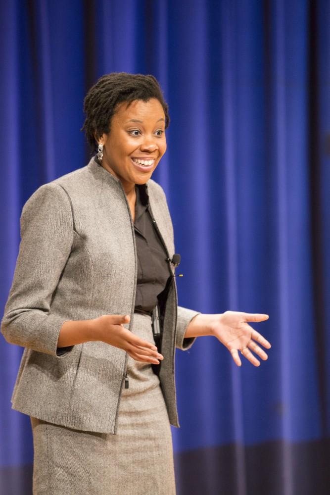 GVL / Sara Carte - Rev. Jennifer Bailey speaks at the Kaufman Interfaith Institute: Sigal Lecture in the Pew Loosemore Auditorium on Wednesday, Mar. 30, 2016.