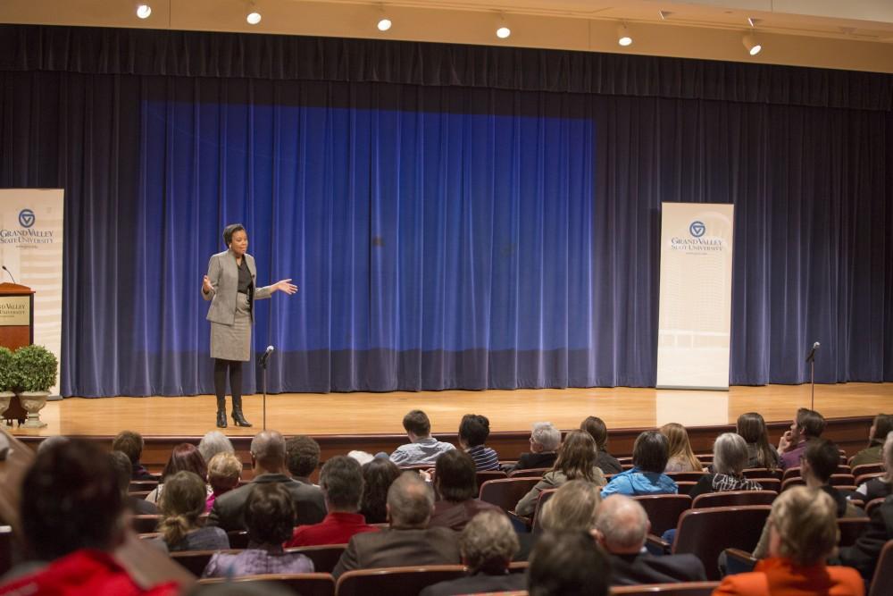 GVL / Sara Carte - Rev. Jennifer Bailey speaks at the Kaufman Interfaith Institute: Sigal Lecture in the Pew Loosemore Auditorium on Wednesday, Mar. 30, 2016.