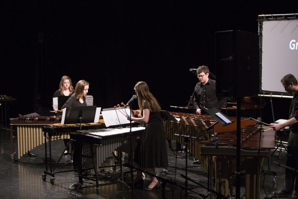 GVL / Sara Carte - Grand Valley Students perform at the GVSU New Music Ensemble 10th Anniversary Concert to begin at the Peter Martin Wege Theatre in Grand Rapids on Saturday, Apr. 2, 2016.