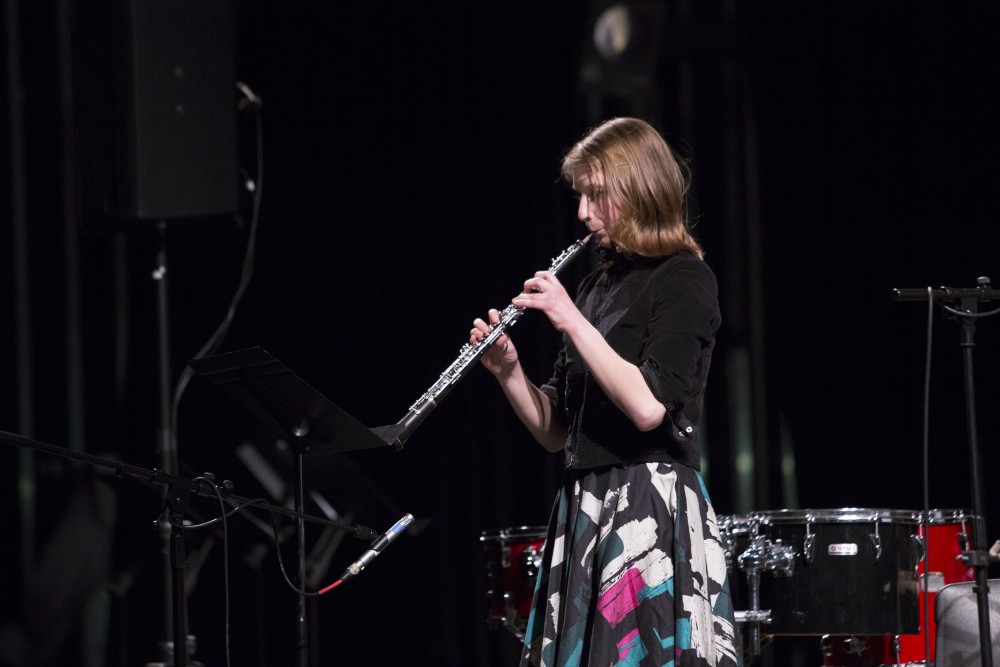 GVL / Sara Carte - Julia Gjebic performs at the GVSU New Music Ensemble 10th Anniversary Concert to begin at the Peter Martin Wege Theatre in Grand Rapids on Saturday, Apr. 2, 2016.