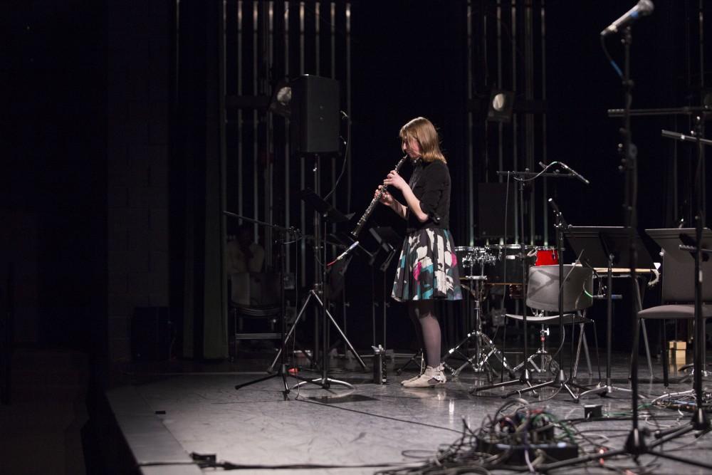 GVL / Sara Carte - Julia Gjebic performs at the GVSU New Music Ensemble 10th Anniversary Concert to begin at the Peter Martin Wege Theatre in Grand Rapids on Saturday, Apr. 2, 2016.