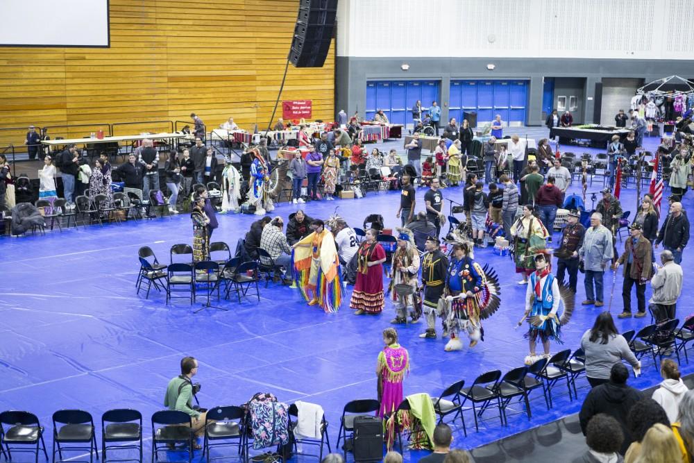 GVL / Sara Carte - Native American dancers dance in the Native American Pow-Wow in the Fieldhouse on Saturday, Apr. 9, 2016.