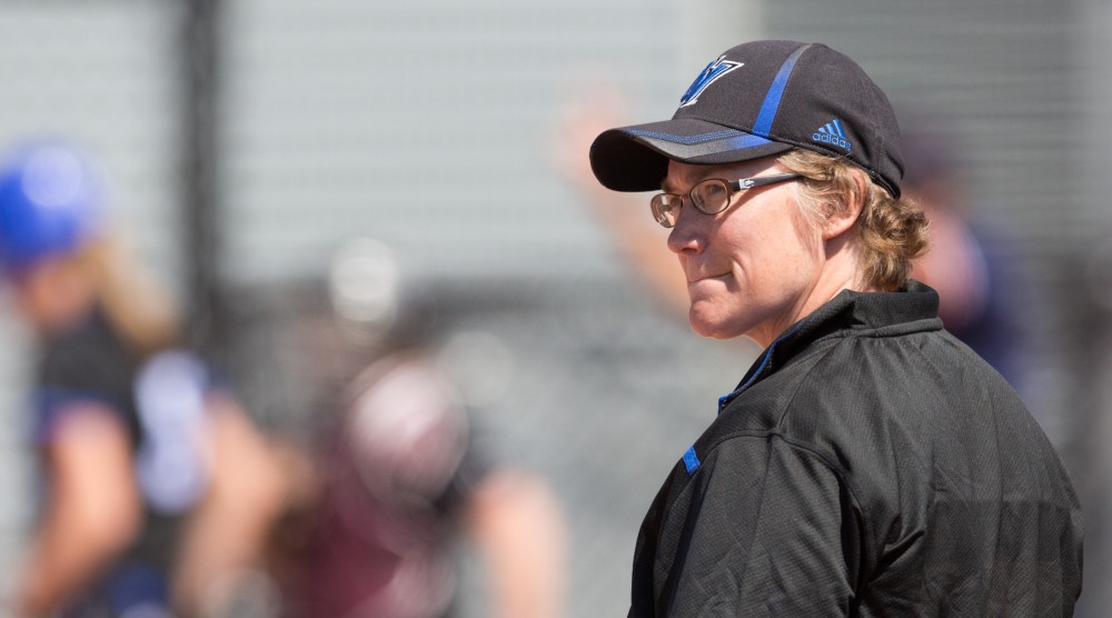 GVL / Kevin Sielaff – Head coach Dana Callihan looks on toward the play. Grand Valley takes the victory over Walsh in both games held in Allendale on Saturday, April 23, 2016.