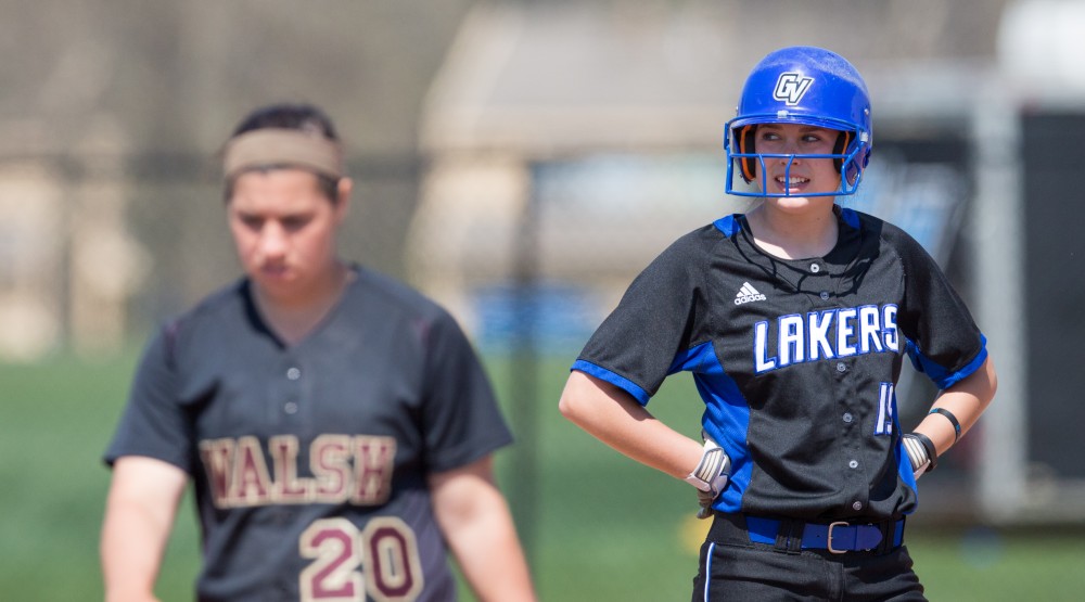 GVL / Kevin Sielaff –  Shannon Flaherty (19) smiles as she advances to second base. Grand Valley takes the victory over Walsh in both games held in Allendale on Saturday, April 23, 2016.