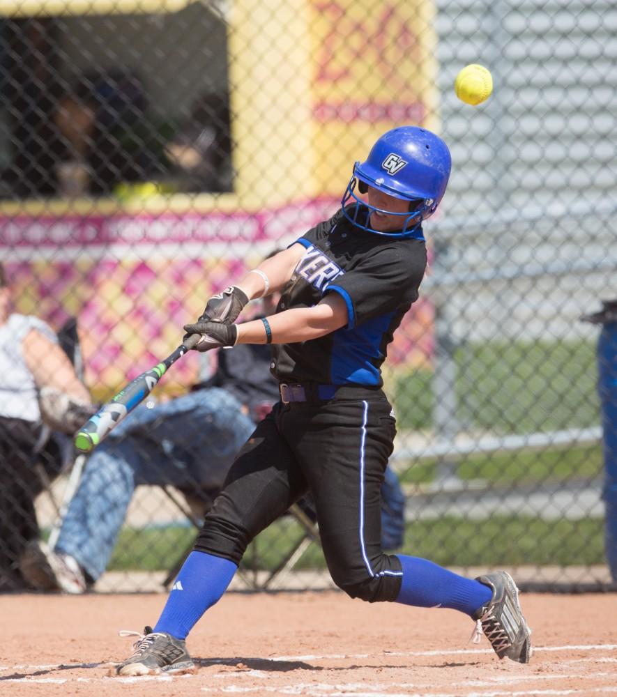 GVL / Kevin Sielaff – Janae Langs (1) hits a foul ball back into the netting. Grand Valley takes the victory over Walsh in both games held in Allendale on Saturday, April 23, 2016.