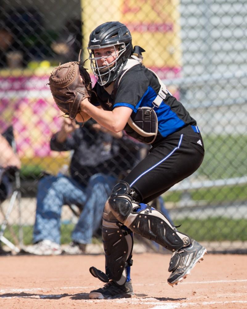 GVL / Kevin Sielaff – Kaylie Rhynard (6) gathers the ball and looks to throw to third. Grand Valley takes the victory over Walsh in both games held in Allendale on Saturday, April 23, 2016.