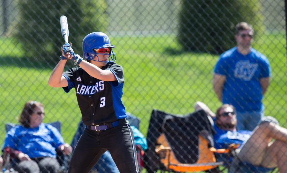 GVL / Kevin Sielaff – McKenze Supernaw (3) stands ready at home plate and prepares for an incoming pitch. Grand Valley takes the victory over Walsh in both games held in Allendale on Saturday, April 23, 2016.