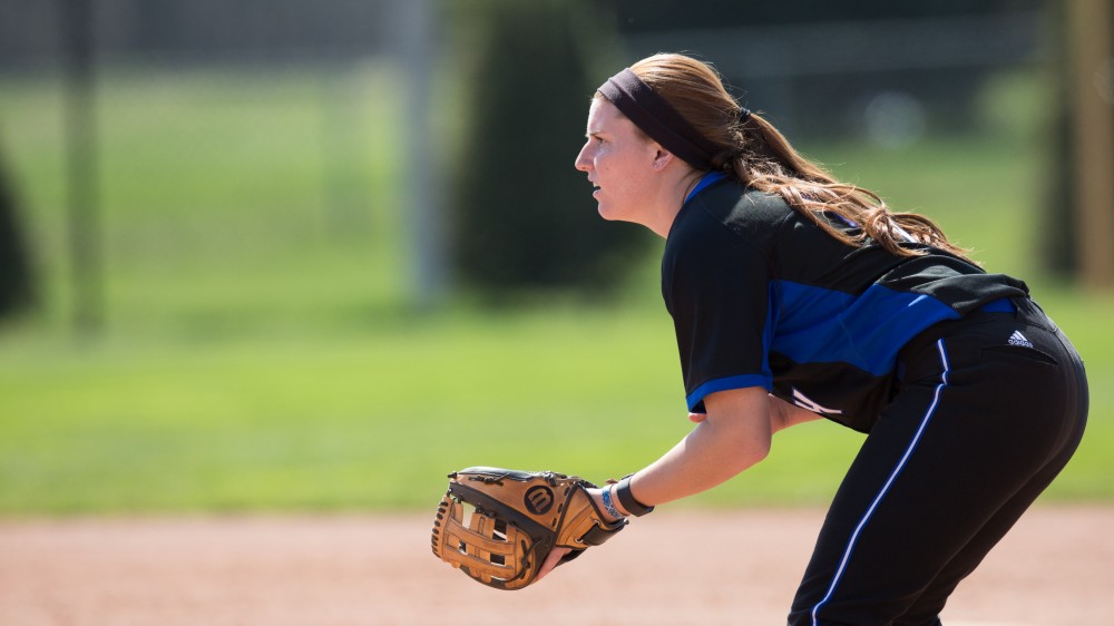 GVL / Kevin Sielaff – Jenna Lenza (4) stands ready  when Walsh is at bat. Grand Valley takes the victory over Walsh in both games held in Allendale on Saturday, April 23, 2016.