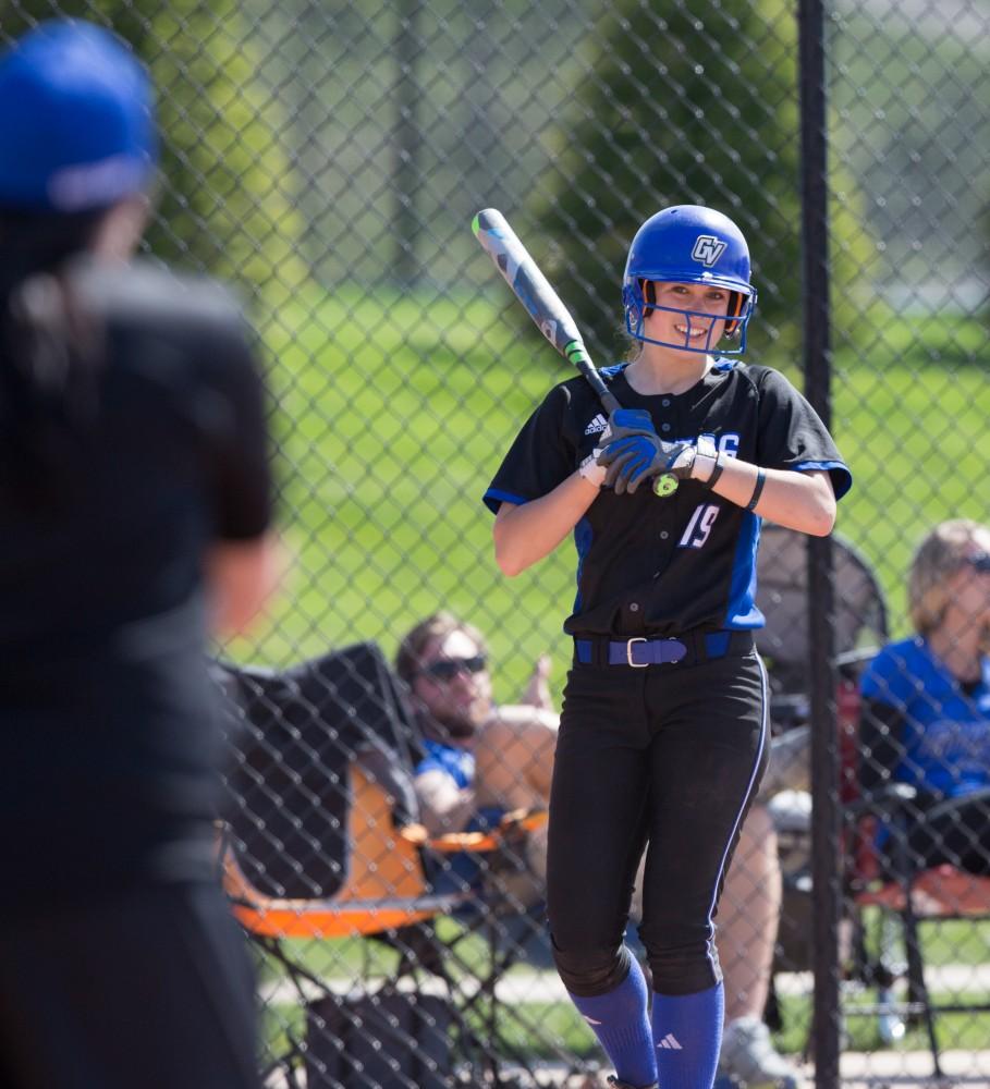 GVL / Kevin Sielaff – Shannon Flaherty (19) gets ready to bat. Grand Valley takes the victory over Walsh in both games held in Allendale on Saturday, April 23, 2016.