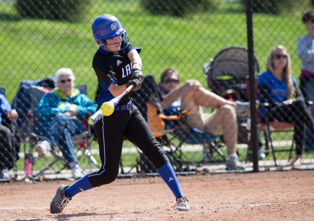 GVL / Kevin Sielaff – Kelsey Dominguez (2) crushes the ball and sends it flying into the outfield. Grand Valley takes the victory over Walsh in both games held in Allendale on Saturday, April 23, 2016.