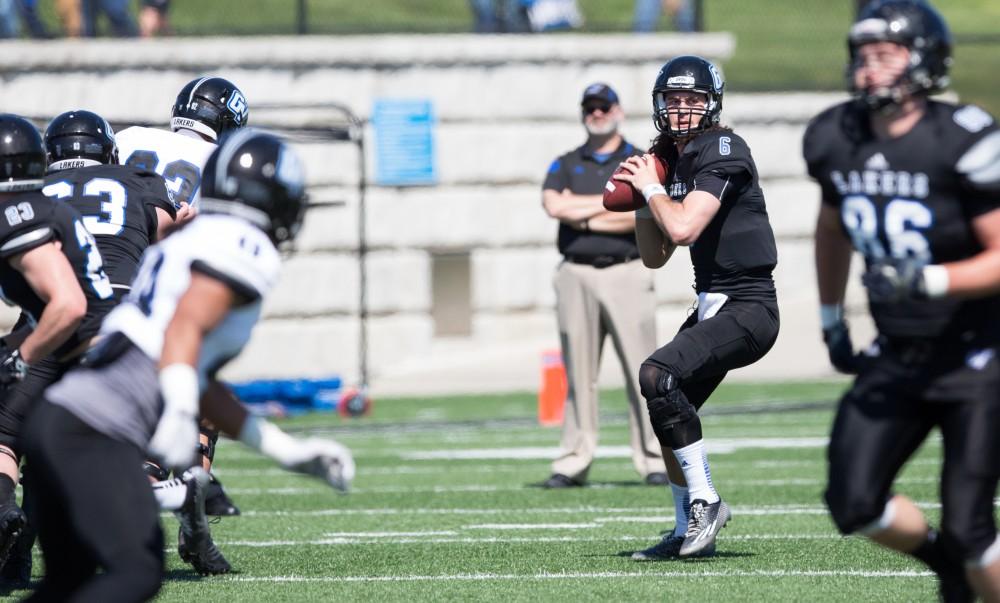 GVL / Kevin Sielaff - Bart Williams (6) lines up a pass downfield as the Lakers scrimmage. The 2016 Grand Valley State Spring Classic is hosted at Lubbers Stadium on Saturday, April 16, 2016.