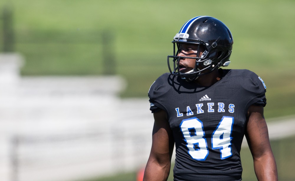 GVL / Kevin Sielaff - Urston Smith (84) sets himself up on the line of scrimmage. The 2016 Grand Valley State Spring Classic is hosted at Lubbers Stadium on Saturday, April 16, 2016.