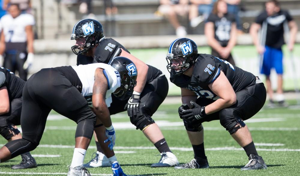 GVL / Kevin Sielaff - Josh Dentler (72) squares up on the line of scrimmage. The 2016 Grand Valley State Spring Classic is hosted at Lubbers Stadium on Saturday, April 16, 2016.