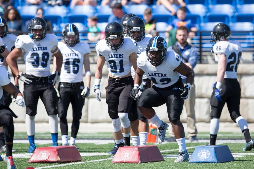 GVL / Kevin Sielaff - Rahju Blackmon (42) runs drills on the sideline in between scrimmages. The 2016 Grand Valley State Spring Classic is hosted at Lubbers Stadium on Saturday, April 16, 2016.