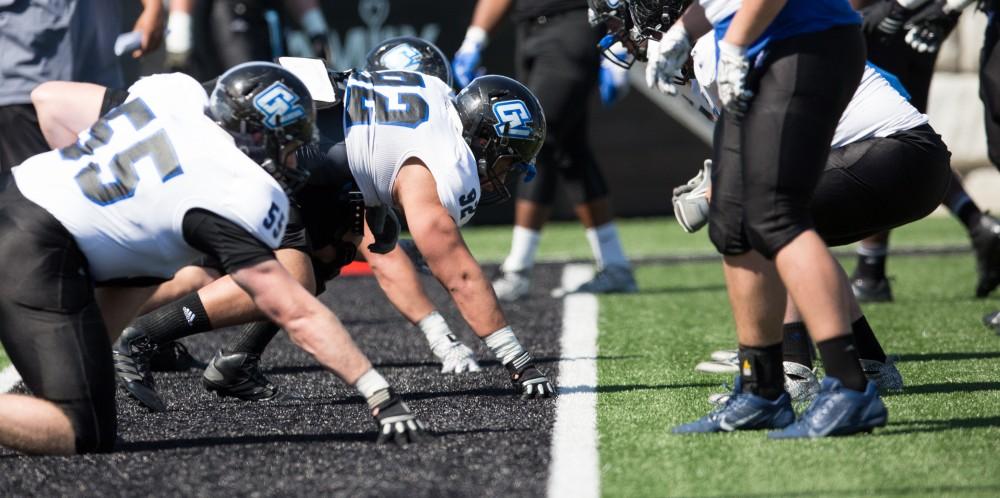 GVL / Kevin Sielaff - Keane Belcher (92) squares up on the sideline and runs a drill. The 2016 Grand Valley State Spring Classic is hosted at Lubbers Stadium on Saturday, April 16, 2016.