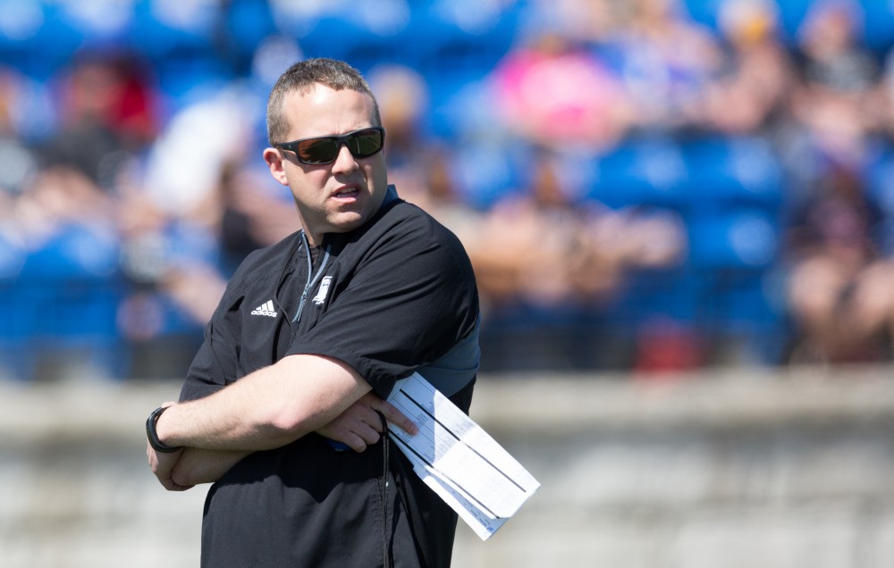 GVL / Kevin Sielaff - Head coach Matt Mitchell looks on toward the play. The 2016 Grand Valley State Spring Classic is hosted at Lubbers Stadium on Saturday, April 16, 2016.