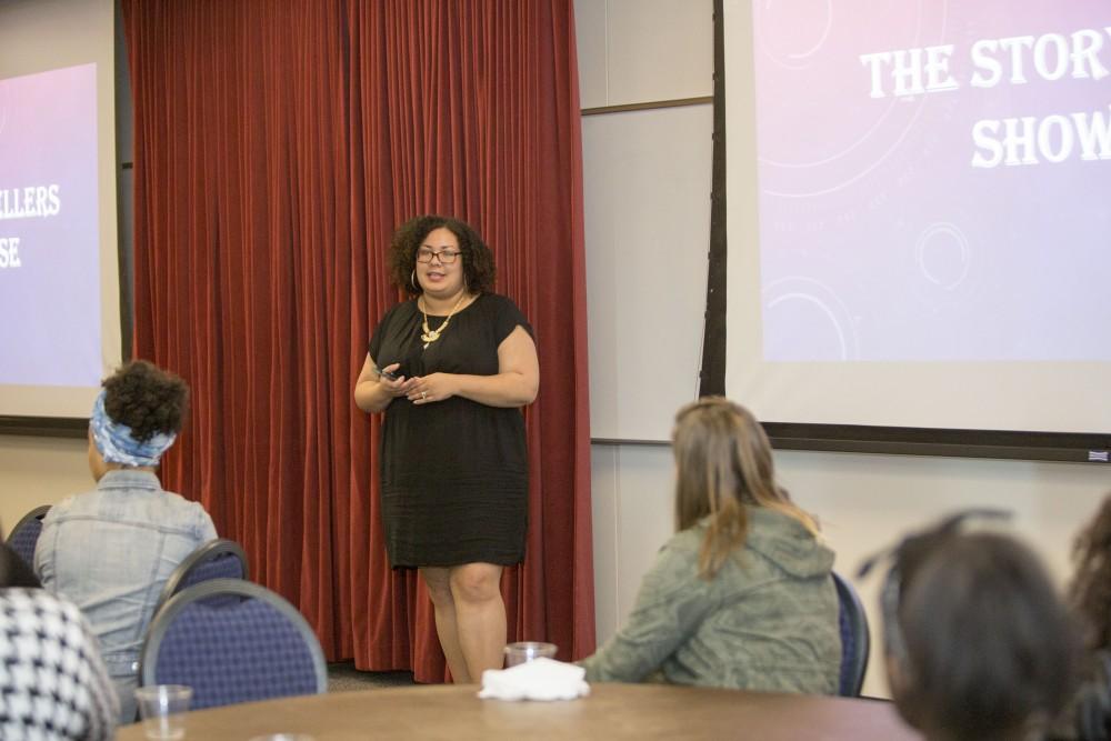 GVL / Sara Carte - The Women’s Center Assistant Director, Allison Montaie, speaks at the Women’s Center Storytellers Series in the Kirkhof Center on Friday, Apr. 1, 2016.