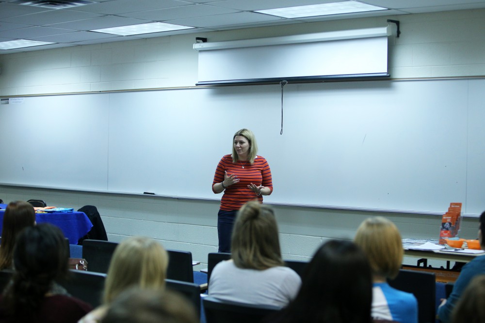 GVL / Emily Frye   
The Grand Valley State University group Eyes Wide Open, hosted the annual "Take Back The Night" event which addressed sexual assult and those affected by it on Monday April 11, 2016. Feature speaker Alissa Ackerman of the University of Washington Tacoma discusses sexual victimization and shares her own story of survival.