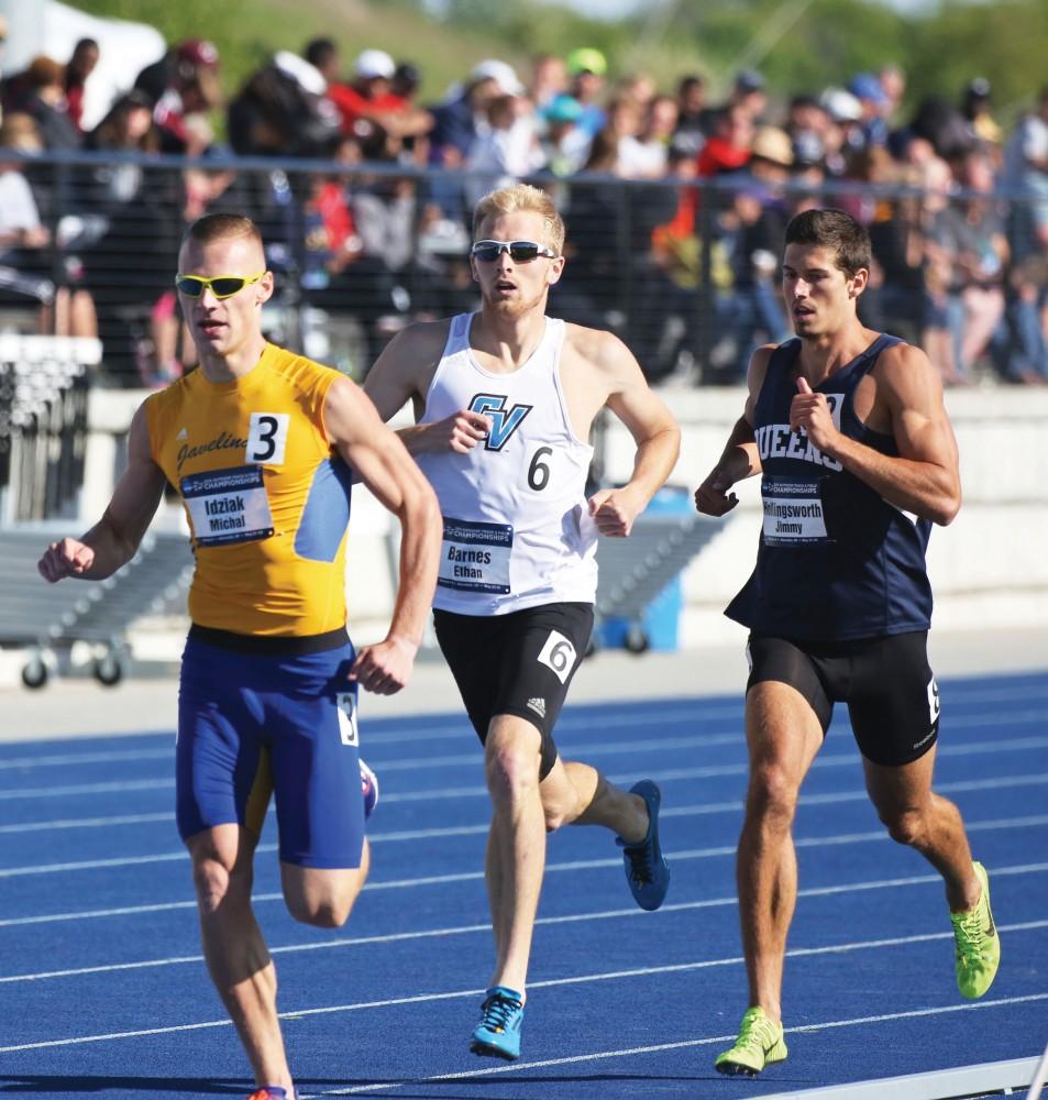 GVL/Kevin Sielaff
Ethan Barnes competes in the Mens 800 meter run on the second day of competition. Grand Valley State University hosts, for the second year in a row, the annual NCAA Division II Track and Field Championship competitions Thursday, May 21, 2015 through Saturday, May 23, 2015. 