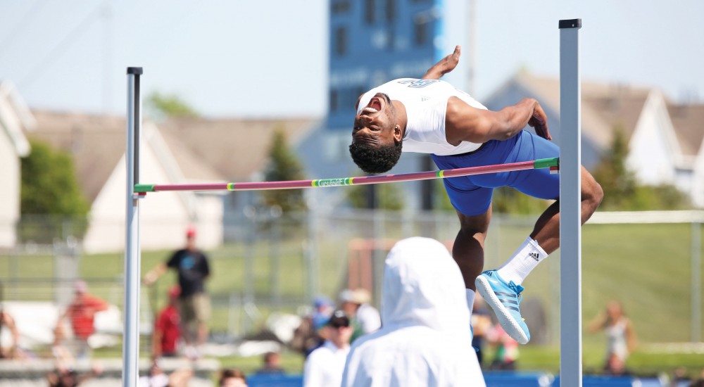 GVL/Kevin SielaffBrandon Bean stretches to make it over the high jump bar. Grand Valley State University hosts, for the second year in a row, the annual NCAA Division II Track and Field Championship competitions Thursday, May 21, 2015 through Saturday, May 23, 2015. 