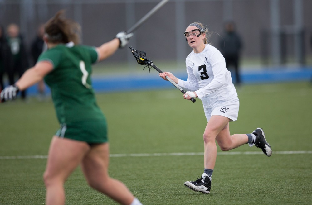 GVL / Kevin Sielaff – Erika Neumen (3) moves in for a shot on Tiffin's net. The Lakers take the victory over Tiffin University Friday, April 1, 2016.